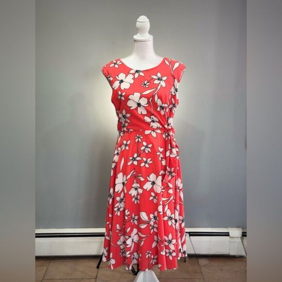 CLEARANCE! Coral Floral Jessica Howard Tie Waist Dress Size 10 EUC - Picture 1 of 6